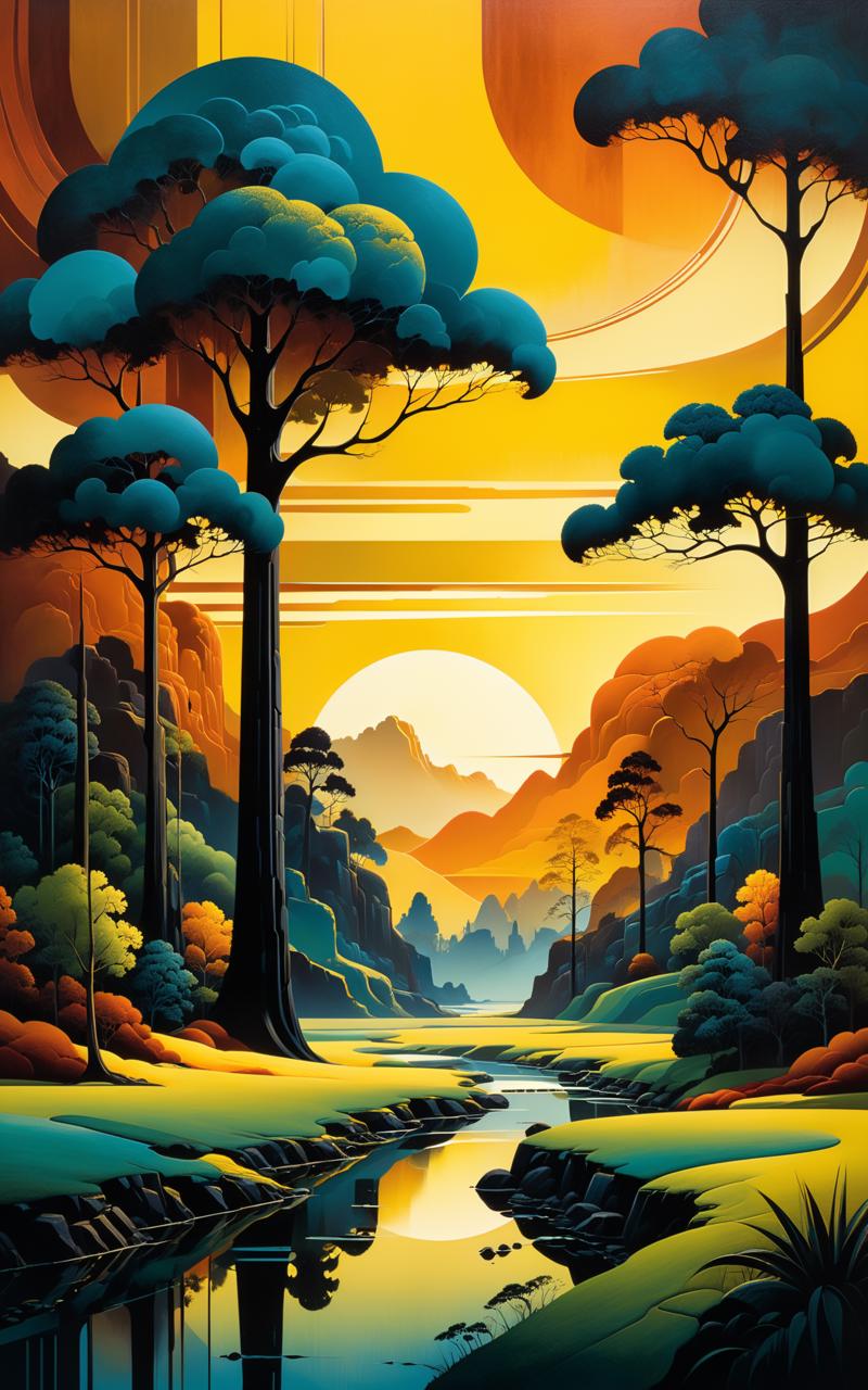 05601-3948574896-Create a painting of the base image landscape in the style of Eyvind Earle, complex background, medium_ old film grain, tetradic.png